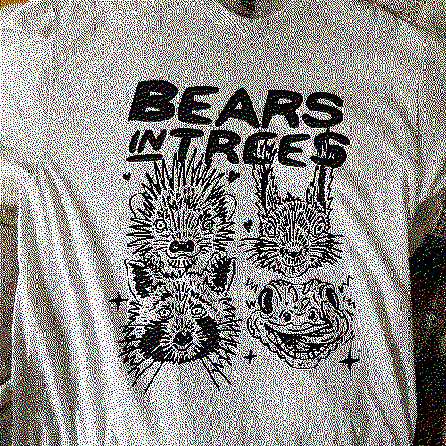 a white cotton tee shirt with bears in trees written on it in block black capitals. underneath the writing there are four black and white drawings of animals, with two above and two below. there is a squirrel, a hedgehog, a frog, and a raccoon. around them there are various black hearts and sparkles.